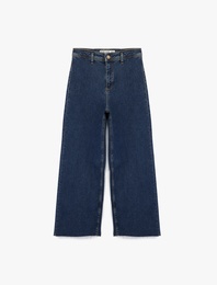 Yüksek Bel Düğmeli Geniş Kısa Paça Jean Pantolon - Culotte Jeans
