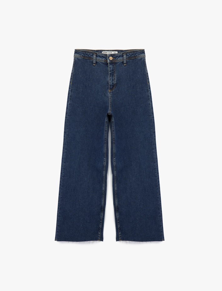  Yüksek Bel Düğmeli Geniş Kısa Paça Jean Pantolon - Culotte Jeans