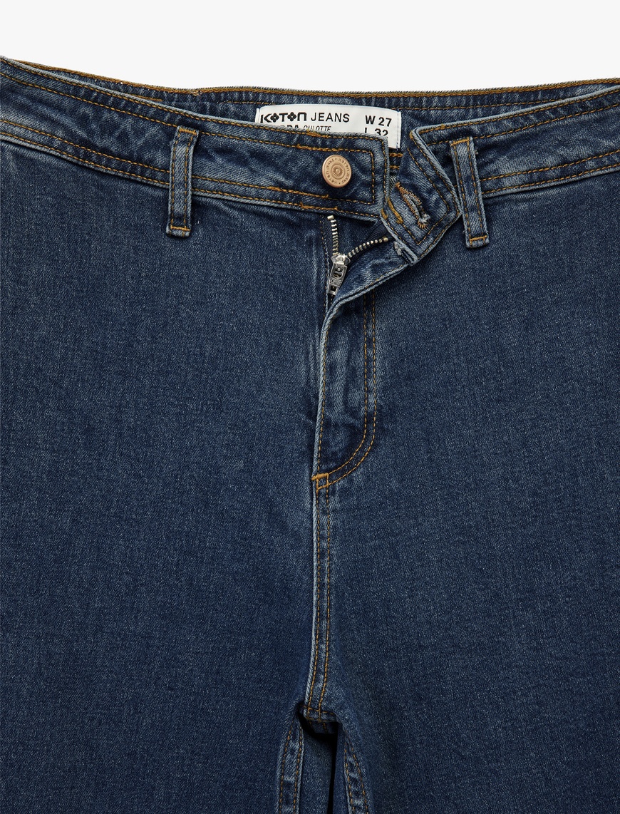   Yüksek Bel Düğmeli Geniş Kısa Paça Jean Pantolon - Culotte Jeans