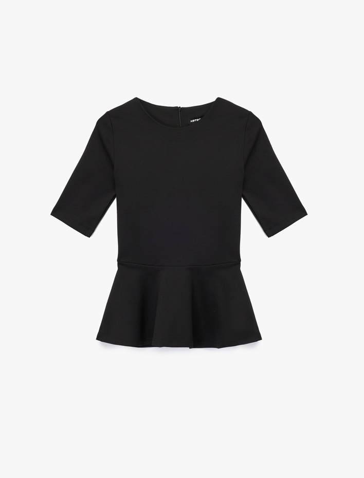  Slim Fit Kısa Kollu Bisiklet Yaka Peplum Bluz