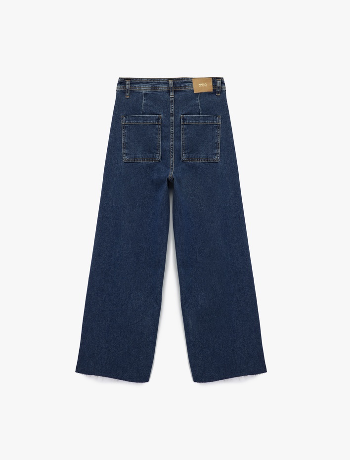  Yüksek Bel Düğmeli Geniş Kısa Paça Jean Pantolon - Culotte Jeans