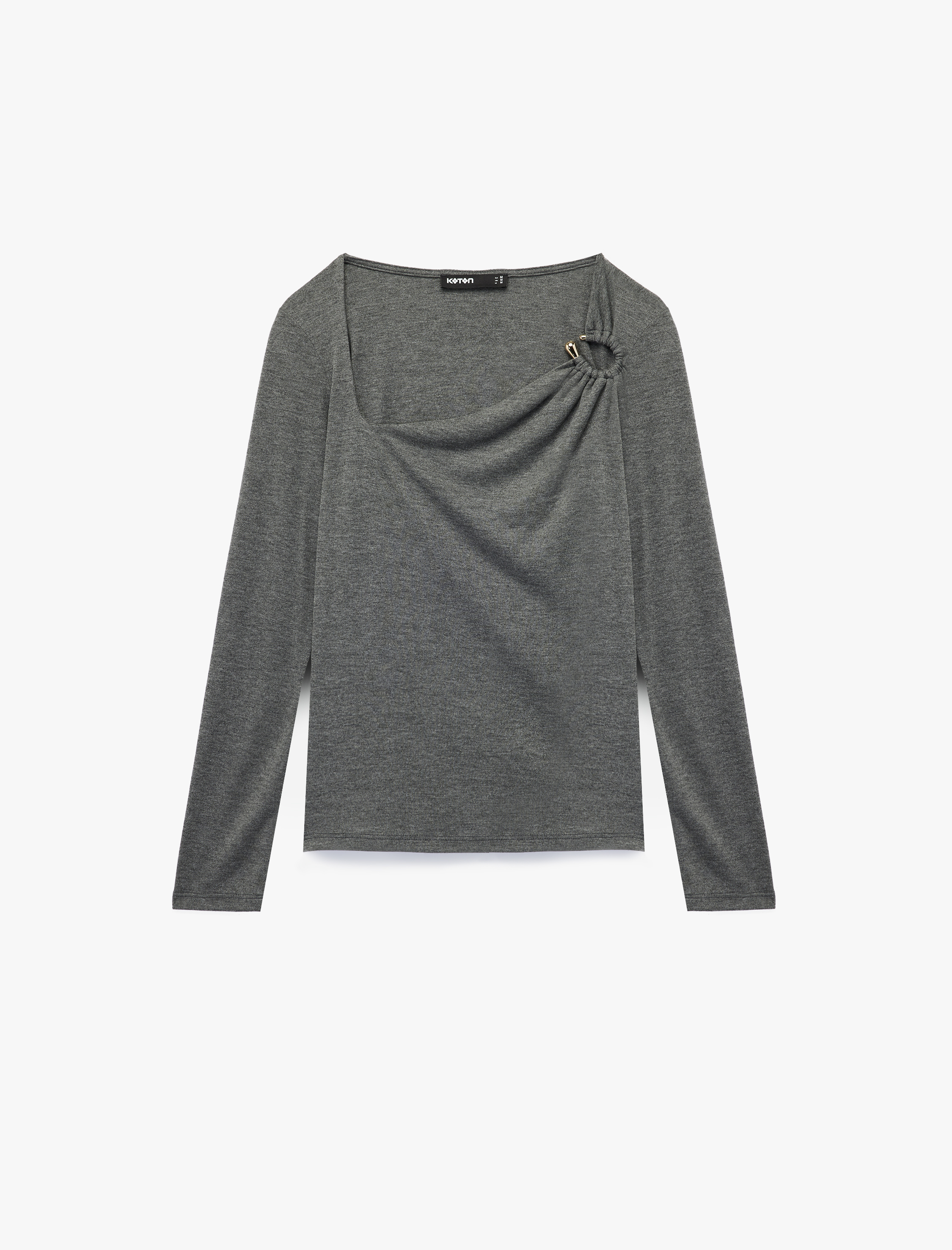   Slim Fit Aksesuar Detaylı Asimetrik Yaka Uzun Kollu Tişört