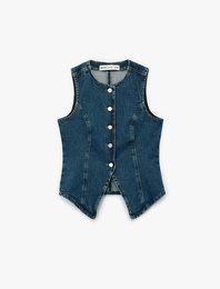 Düğmeli Kolsuz Bisiklet Yaka Denim Yelek
