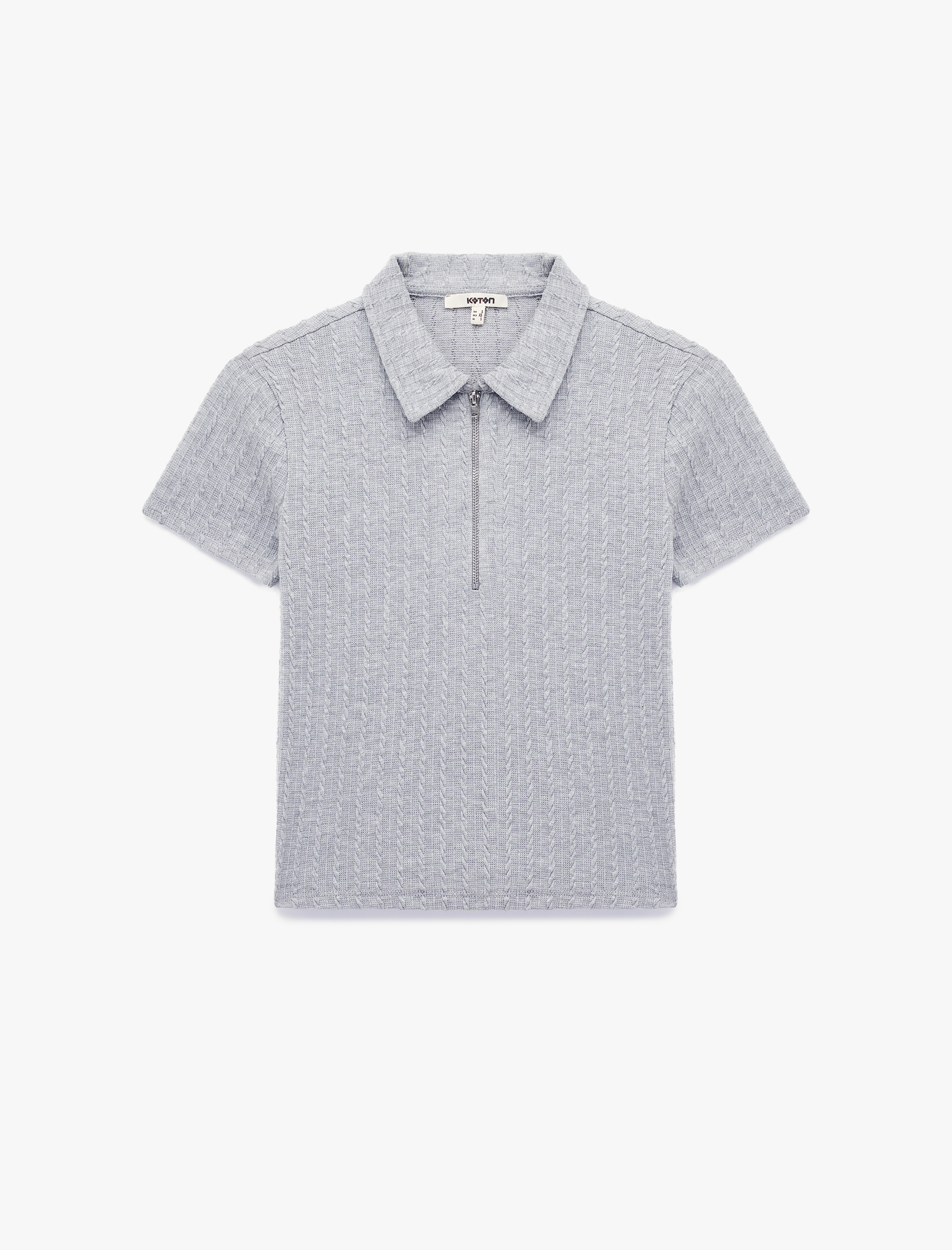   Slim Fit Saç Örgü Dokulu Kısa Kollu Fermuarlı Polo Yaka Tişört