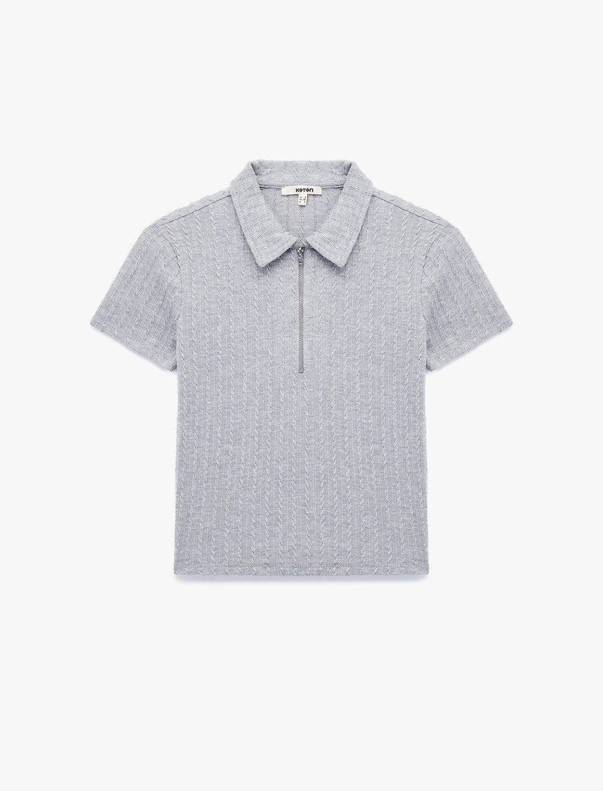   Slim Fit Saç Örgü Dokulu Kısa Kollu Fermuarlı Polo Yaka Tişört
