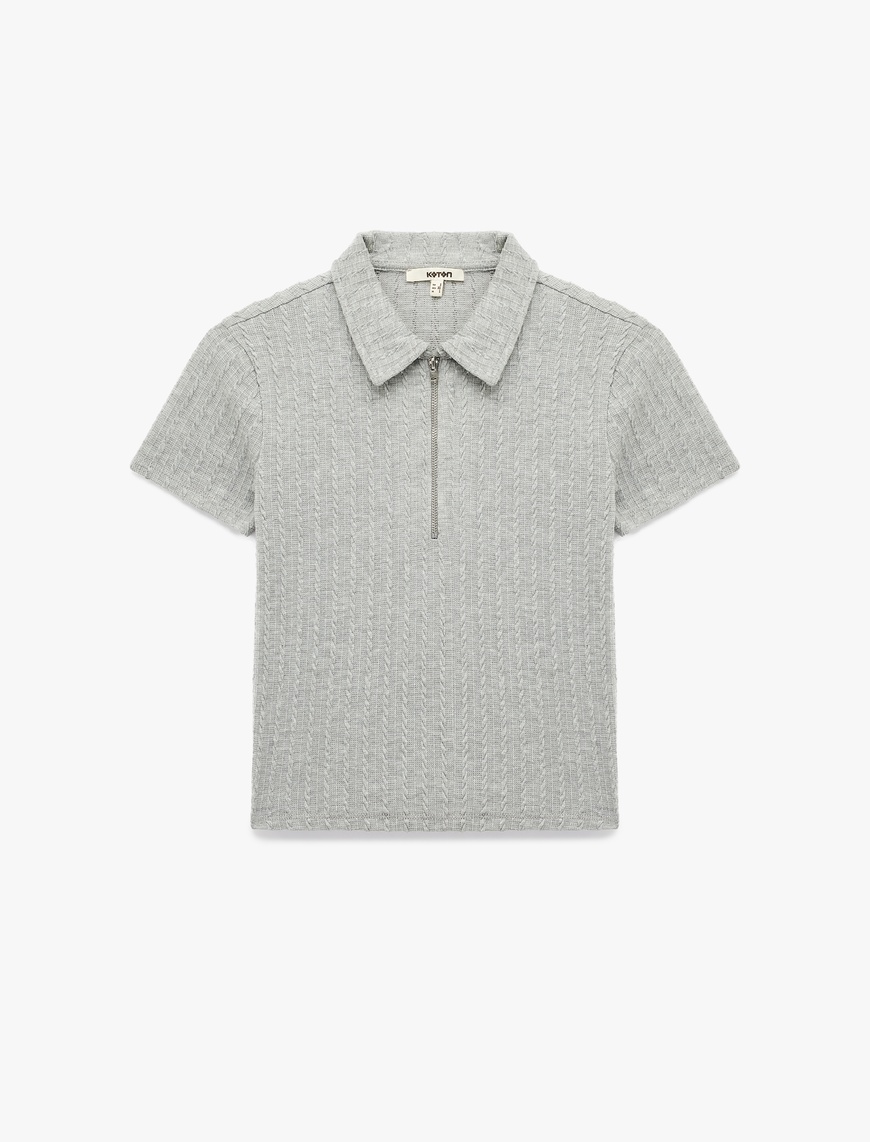   Slim Fit Saç Örgü Dokulu Kısa Kollu Fermuarlı Polo Yaka Tişört