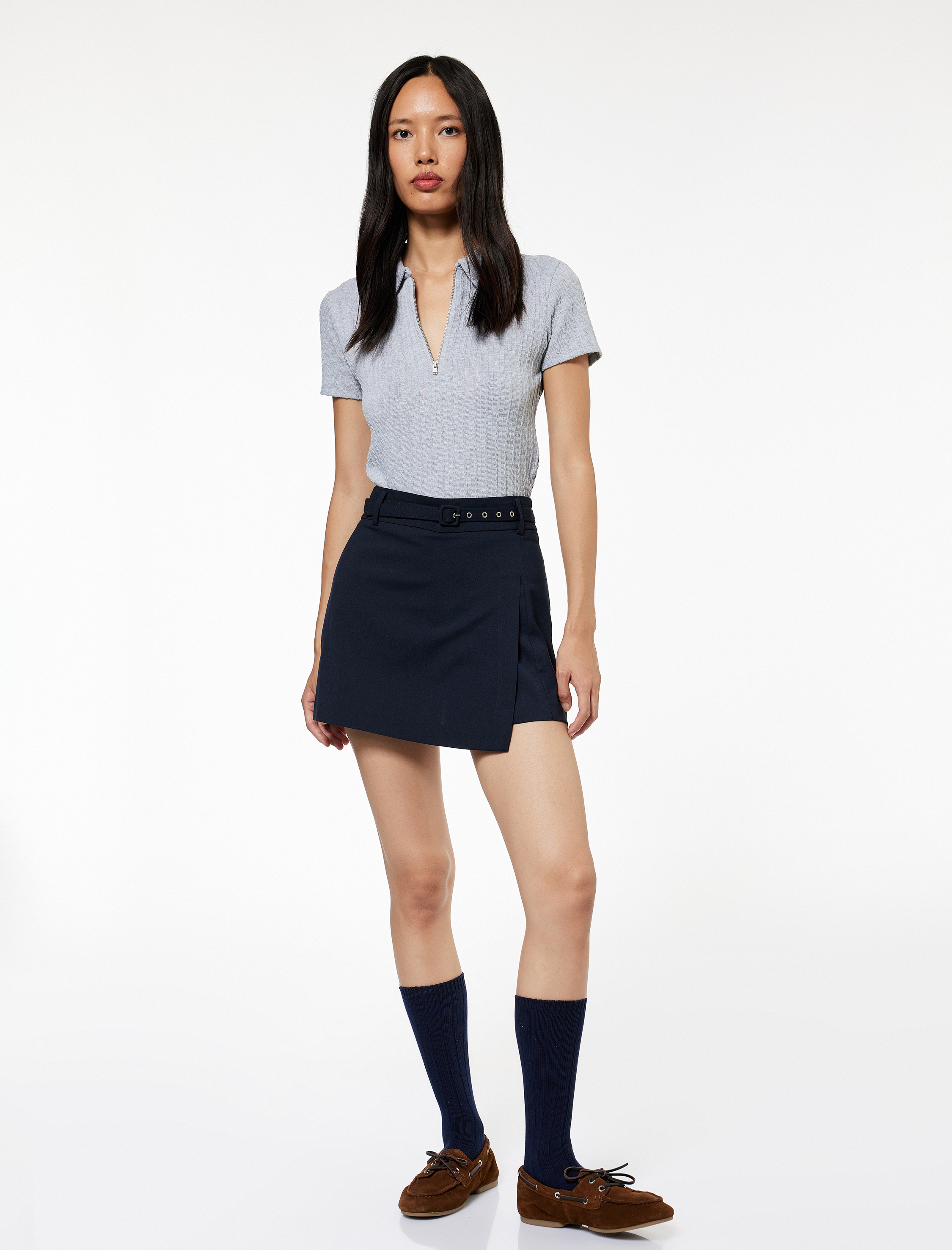   Slim Fit Saç Örgü Dokulu Kısa Kollu Fermuarlı Polo Yaka Tişört