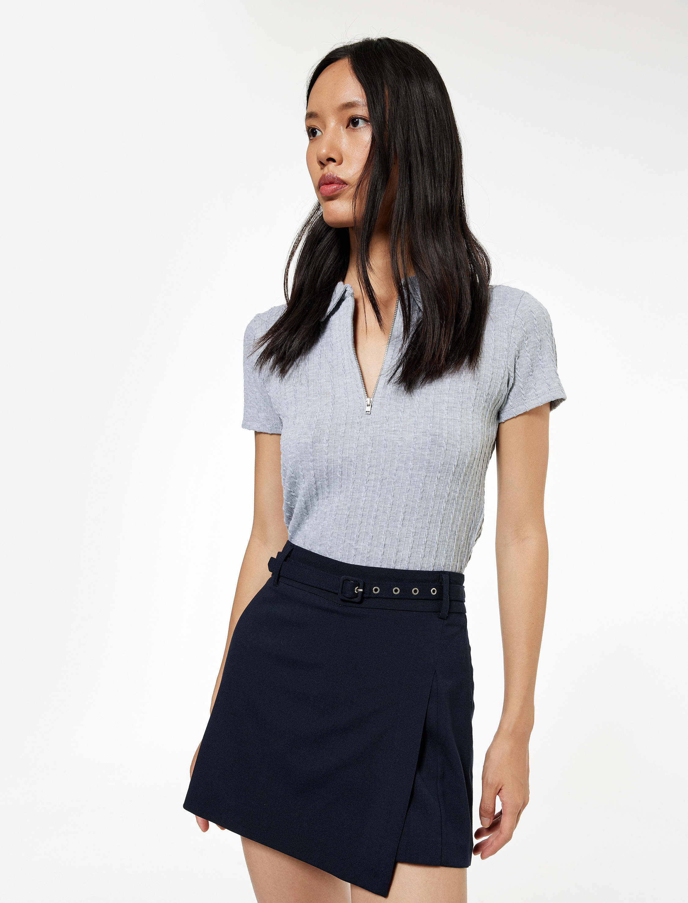   Slim Fit Saç Örgü Dokulu Kısa Kollu Fermuarlı Polo Yaka Tişört