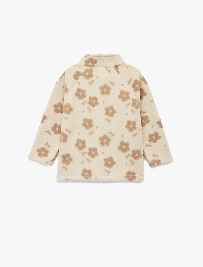 Kız Bebek Dik Yaka Uzun Kollu Fermuarlı Çiçekli Polar Sweatshirt