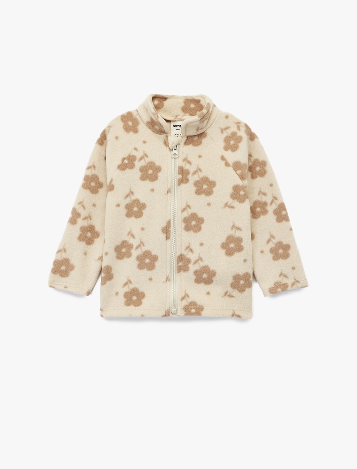 Kız Bebek Dik Yaka Uzun Kollu Fermuarlı Çiçekli Polar Sweatshirt