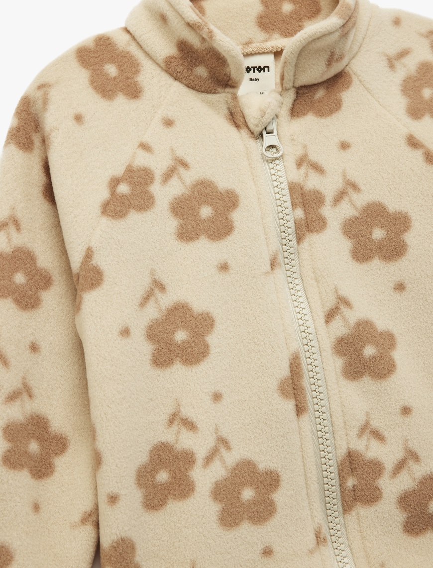  Kız Bebek Dik Yaka Uzun Kollu Fermuarlı Çiçekli Polar Sweatshirt