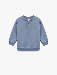 Düğme Detaylı Uzun Kollu Bisiklet Yaka Basic Sweatshirt