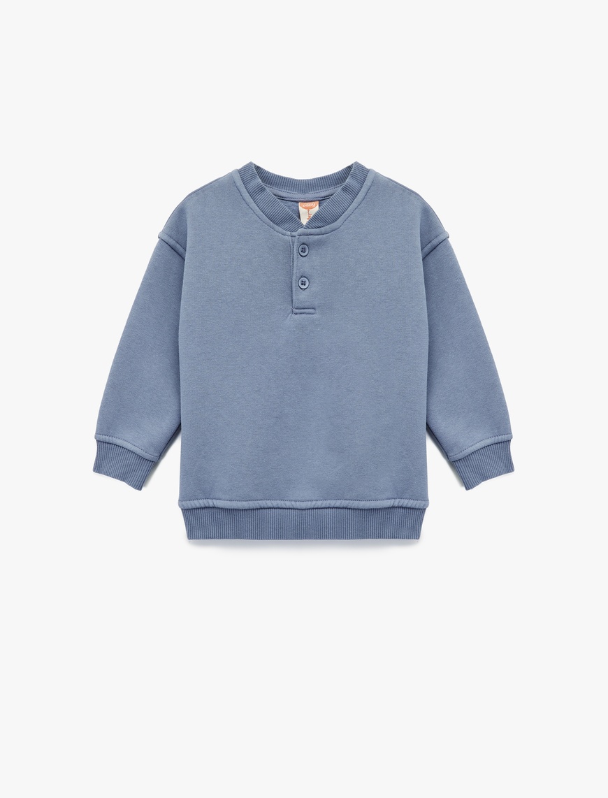  Erkek Bebek Düğme Detaylı Uzun Kollu Bisiklet Yaka Basic Sweatshirt