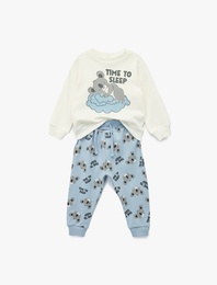 Koala Baskılı Uzun Kollu Bisiklet Yaka Pamuklu 2'li Pijama Takımı