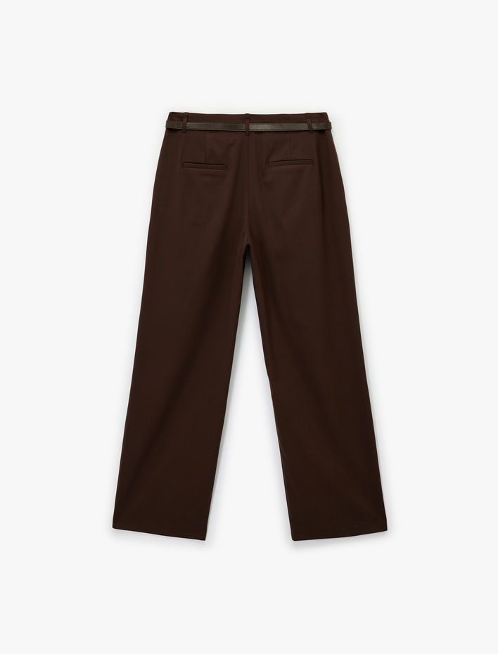  Kemer Detaylı Cepli Geniş Paça Viskon Karışımlı Kumaş Pantolon