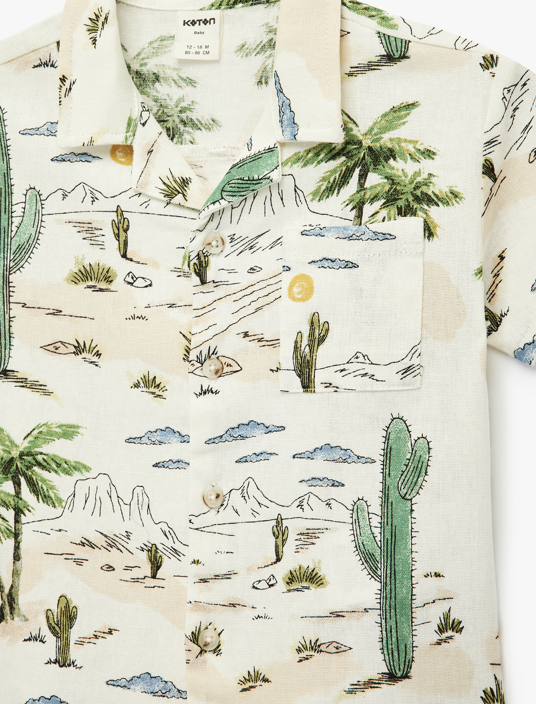  Erkek Bebek Baskılı Keten ve Viskon Karışımlı Cep Detaylı Kısa Kollu Gömlek