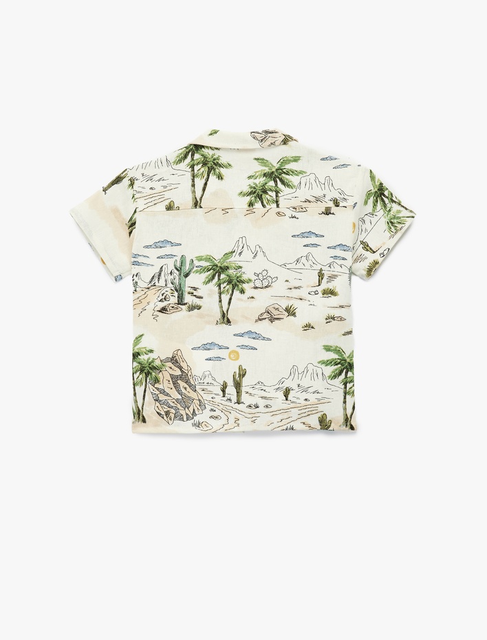 Erkek Bebek Baskılı Keten ve Viskon Karışımlı Cep Detaylı Kısa Kollu Gömlek