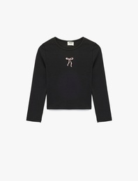 Pamuklu Fiyonk Baskılı Bisiklet Yaka Uzun Kollu Tişört