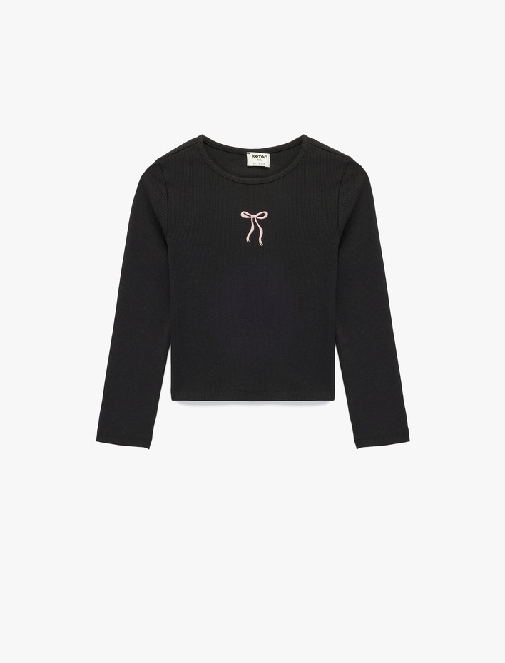 Kız Çocuk Pamuklu Fiyonk Baskılı Bisiklet Yaka Uzun Kollu Tişört