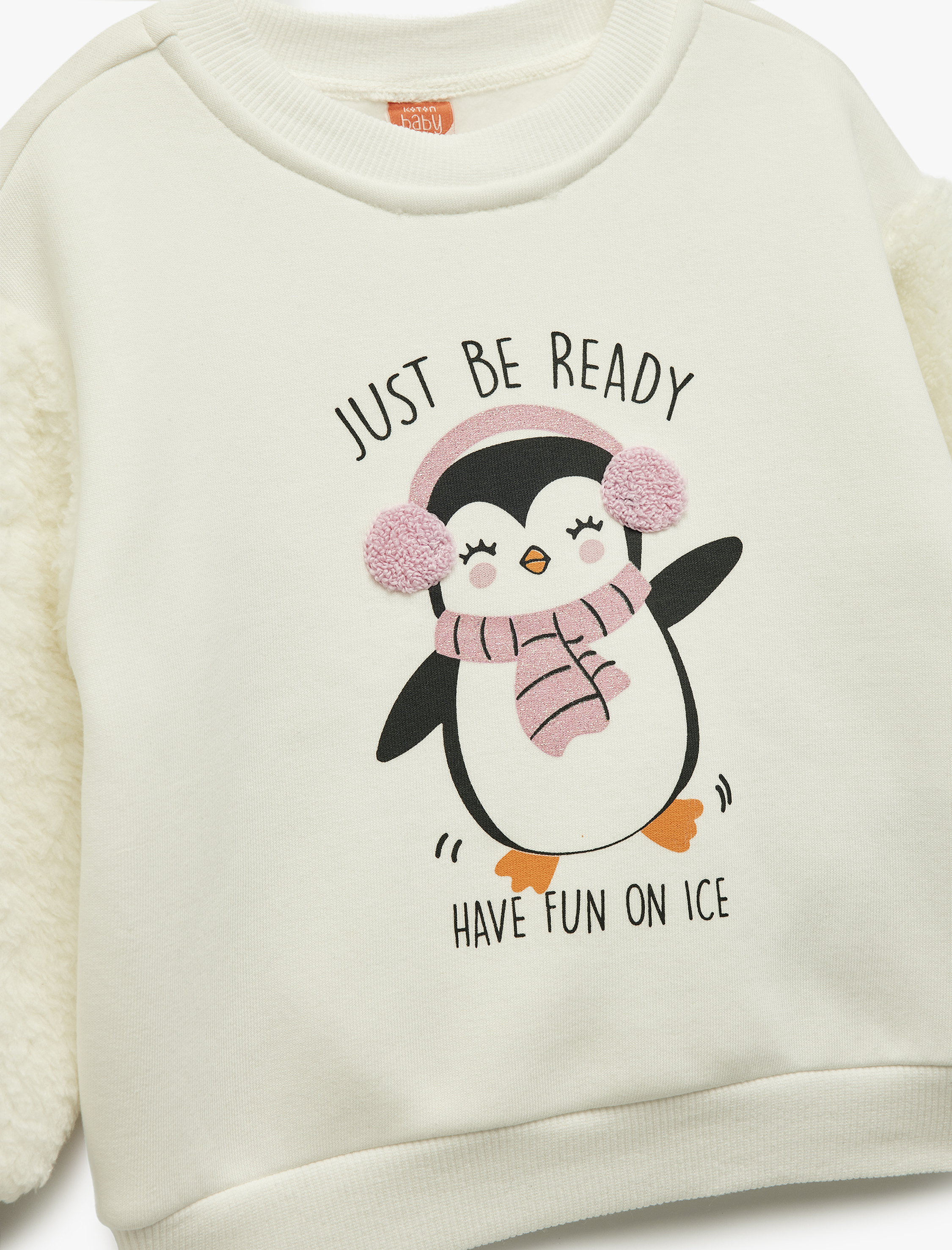  Kız Bebek Penguen Baskılı Uzun Kollu Bisiklet Yaka Pamuklu Şardonlu Sweatshirt