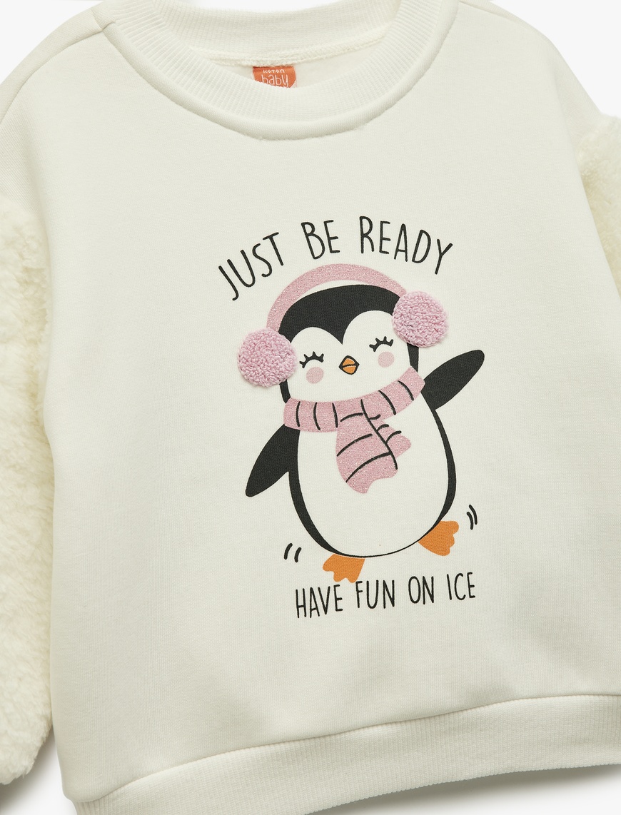  Kız Bebek Penguen Baskılı Uzun Kollu Bisiklet Yaka Pamuklu Sweatshirt