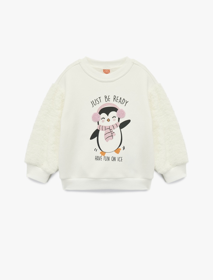 Kız Bebek Penguen Baskılı Uzun Kollu Bisiklet Yaka Pamuklu Sweatshirt