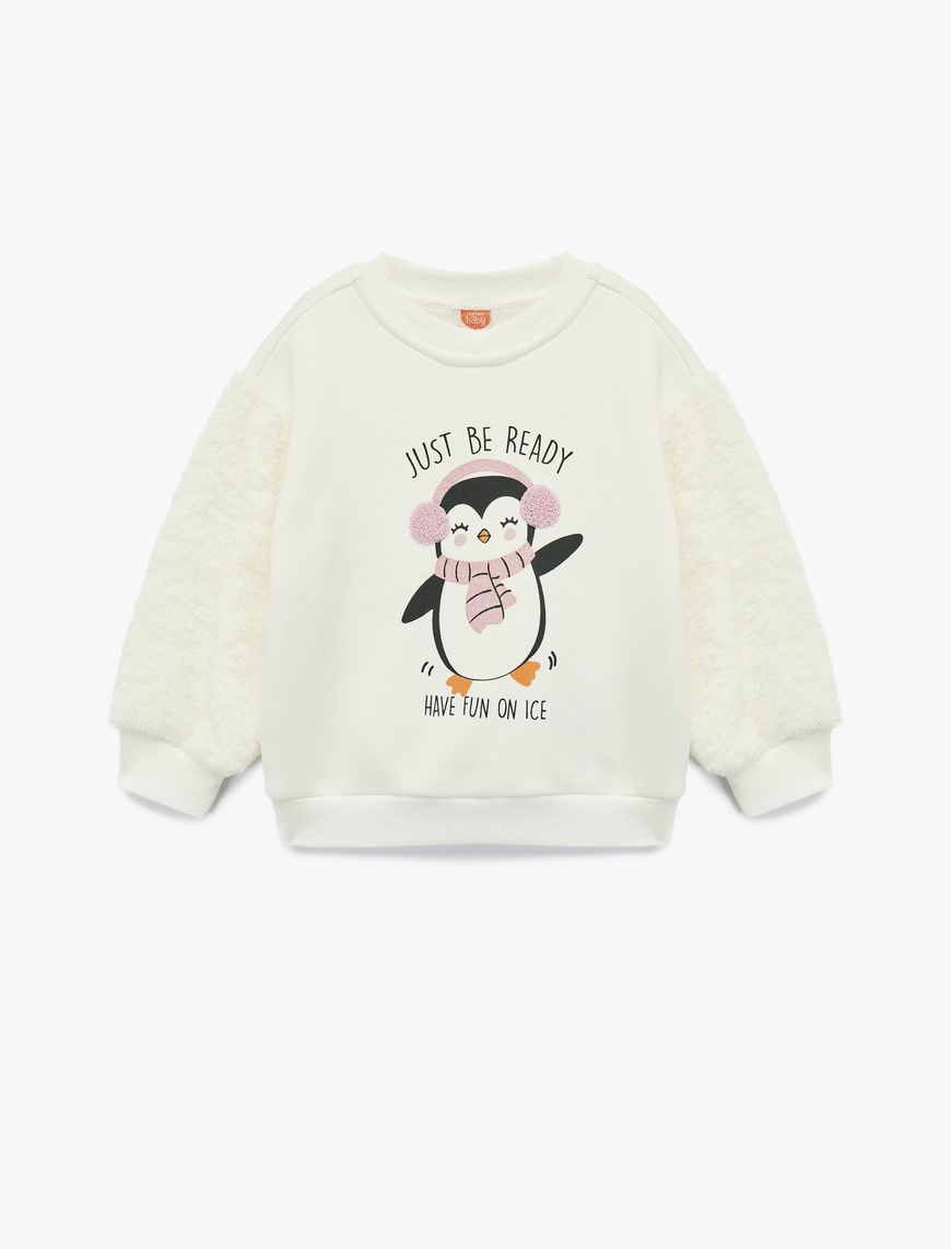  Kız Bebek Penguen Baskılı Uzun Kollu Bisiklet Yaka Pamuklu Sweatshirt
