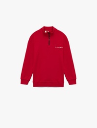 Dik Yaka Yarım Fermuarlı Uzun Kollu Atatürk Nakışlı Pamuklu Sweatshirt