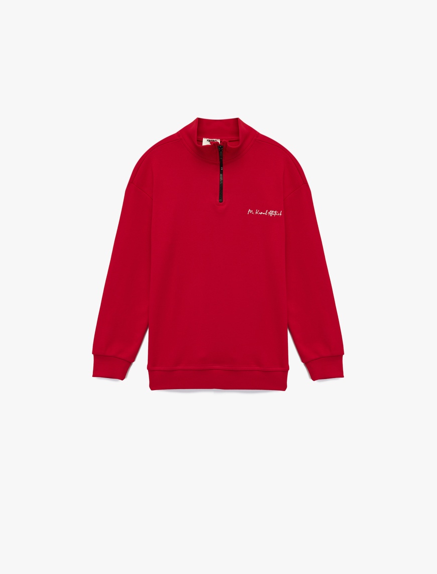  Erkek Çocuk Dik Yaka Yarım Fermuarlı Uzun Kollu Atatürk Nakışlı Pamuklu Sweatshirt