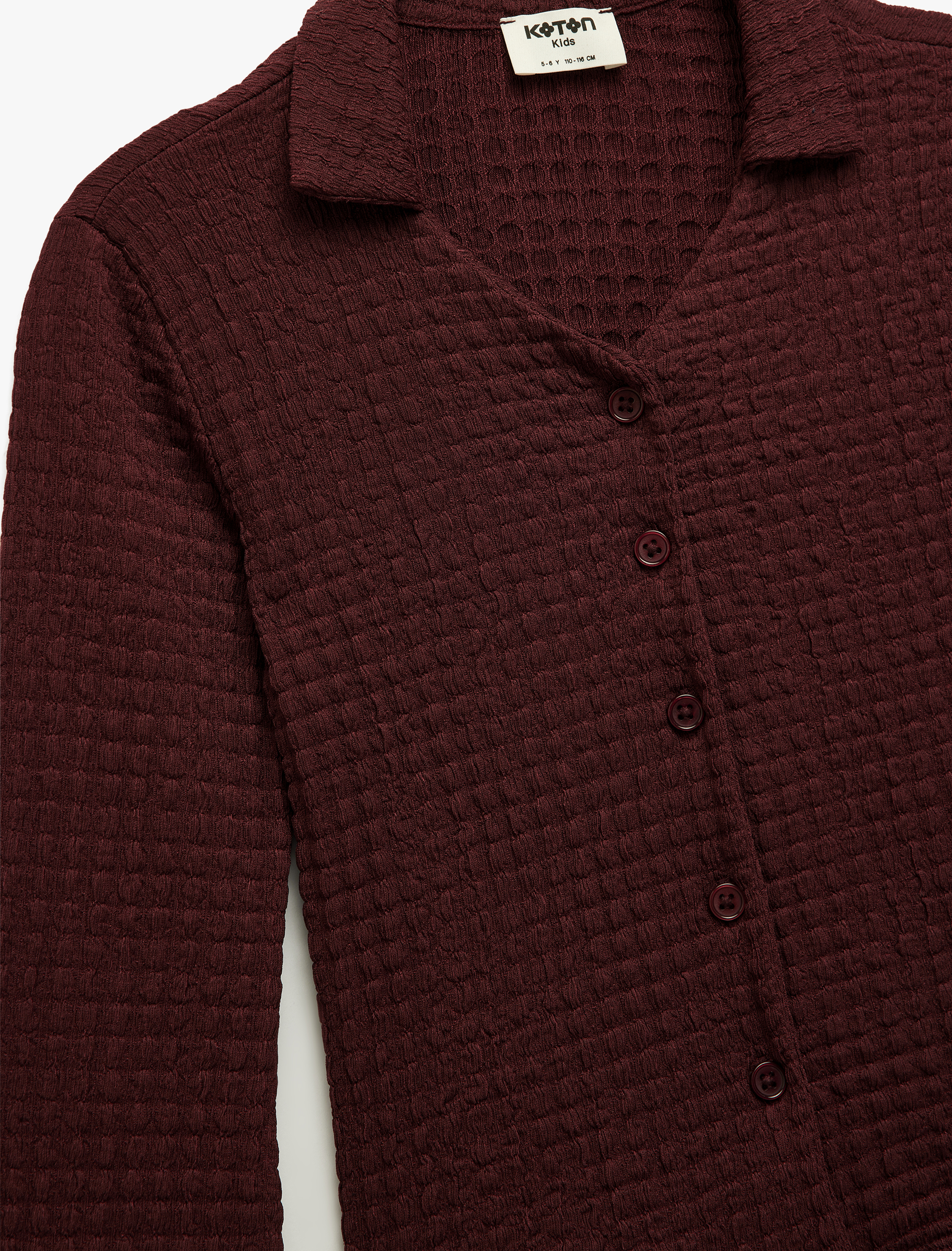  Kız Çocuk Düğme Detaylı Dokulu Gömlek Yaka Uzun Kollu Bluz