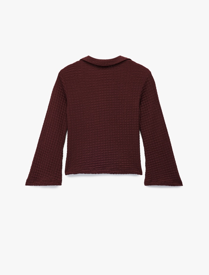 Kız Çocuk Düğme Detaylı Dokulu Gömlek Yaka Uzun Kollu Bluz