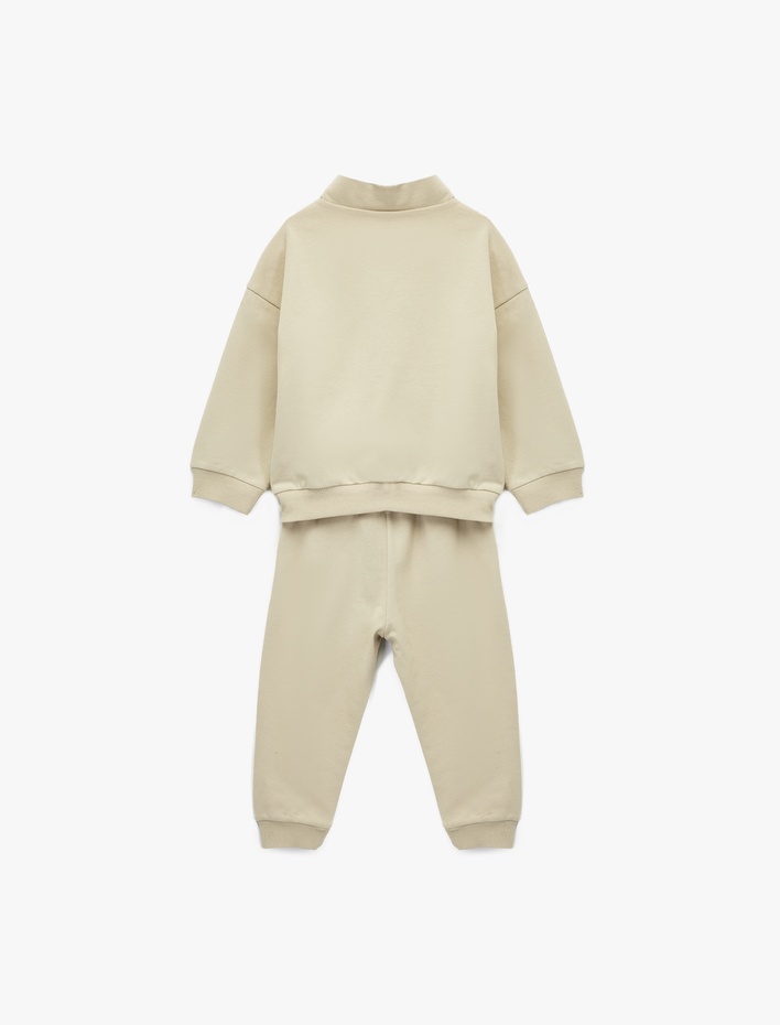 Erkek Bebek Dik Yaka Fermuar Detaylı Uzun Kollu Pamuklu Basic Eşofman Takımı