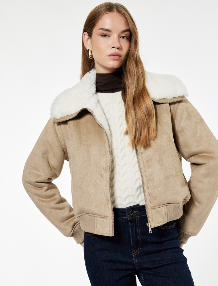  Koton X Sima Tarkan - Uzun Kollu Cepli İçi Peluş Astarlı Suni Süet Bomber Ceket