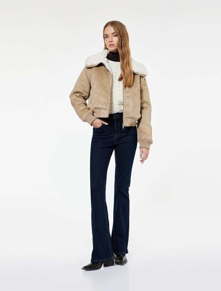  Koton X Sima Tarkan - Uzun Kollu Cepli İçi Peluş Astarlı Suni Süet Bomber Ceket