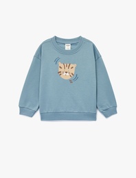 Pamuklu Uzun Kollu Bisiklet Yaka Kaplan Baskılı Oversize Sweatshirt
