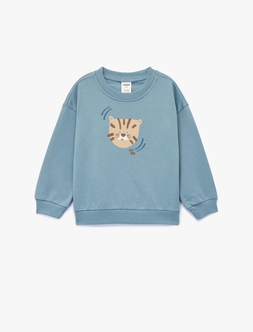  Erkek Bebek Pamuklu Uzun Kollu Bisiklet Yaka Kaplan Baskılı Oversize Sweatshirt
