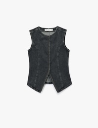 Pamuklu Slim Fit Kolsuz Bisiklet Yaka Denim Yelek