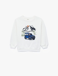 Pamuklu Uzun Kollu Bisiklet Yaka Baskılı Şardonlu Sweatshirt