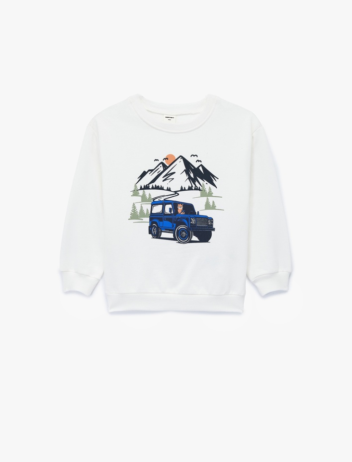 Erkek Bebek Pamuklu Uzun Kollu Bisiklet Yaka Baskılı Şardonlu Sweatshirt