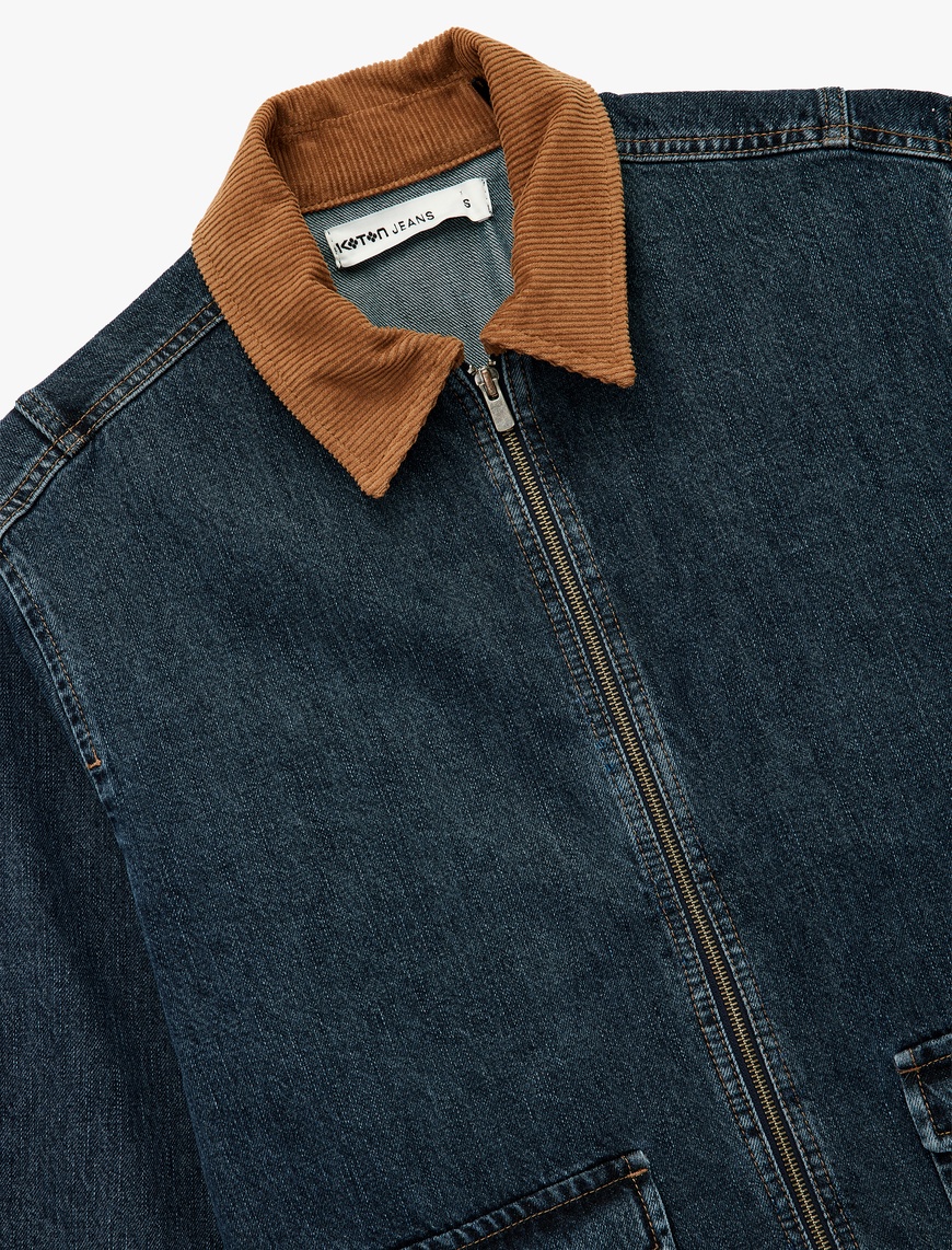   Uzun Kollu Kadife Yaka Detaylı Cepli Fermuarlı Denim Ceket