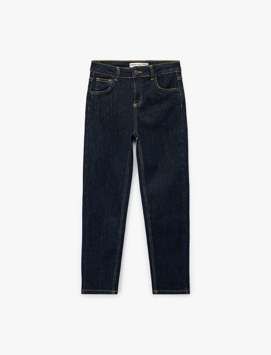  Erkek Çocuk Pamuklu Düğmeli Beli Ayarlanabilir Lastikli Straight Fit Denim Pantolon