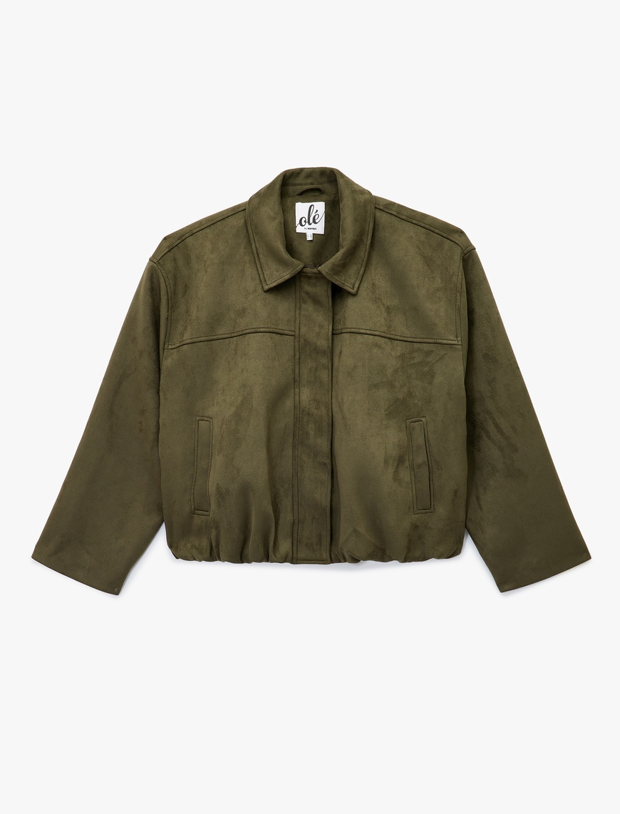   Çıtçıt Düğme Detaylı Fermuarlı Cepli Süet Görünümlü Oversize Bomber Ceket