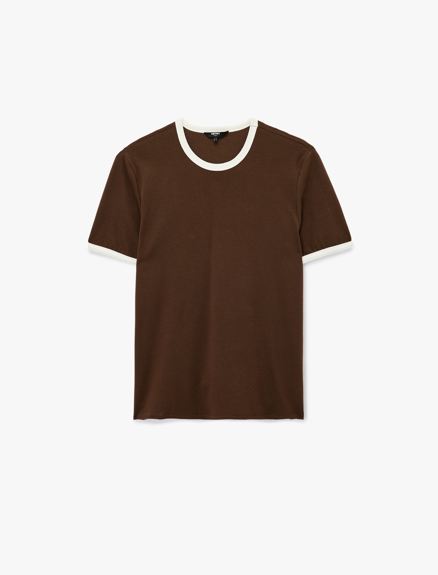   Kısa Kollu Bisiklet Yaka Tok Kumaş Renk Kontrastlı Pamuklu Slim Fit Tişört