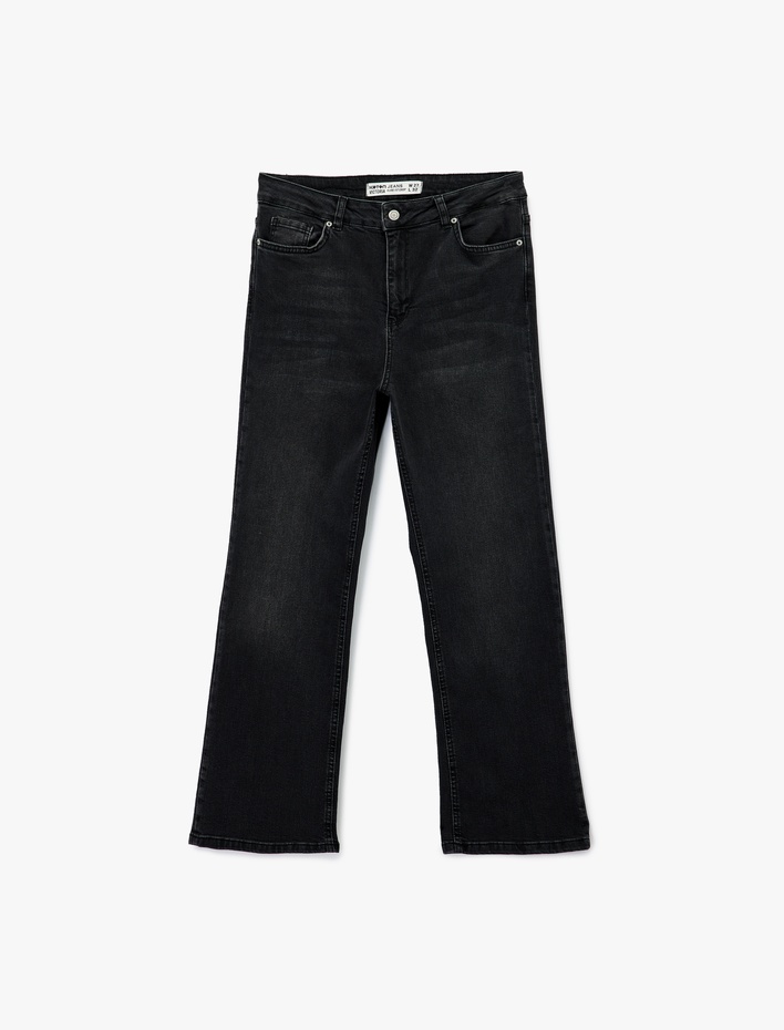  Yüksek Bel Dar Kalıp Düğmeli Cepli İspanyol Paça Crop Jean Pantolon - Flare Jeans