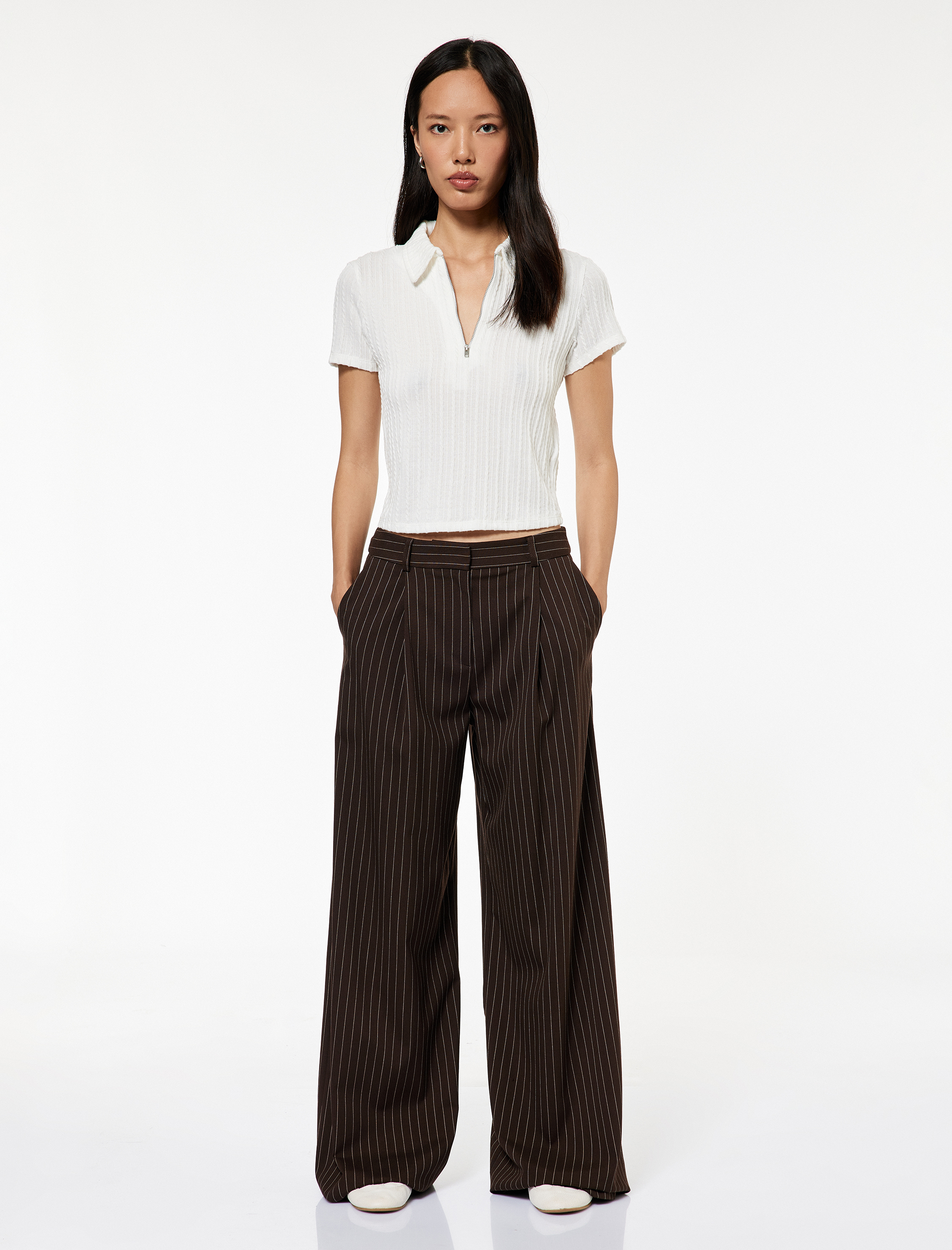   Slim Fit Saç Örgü Dokulu Kısa Kollu Fermuarlı Polo Yaka Tişört