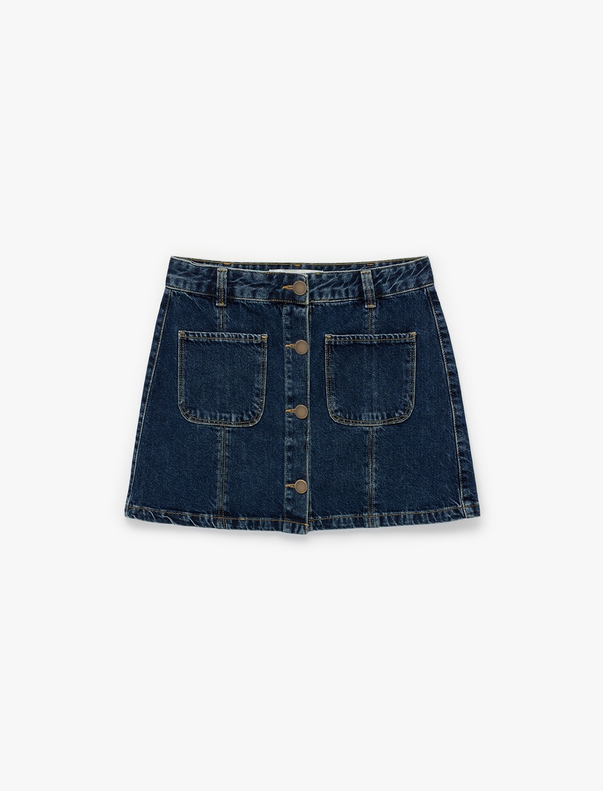   Pamuklu Düğmeli Cep Detaylı Mini Denim Etek