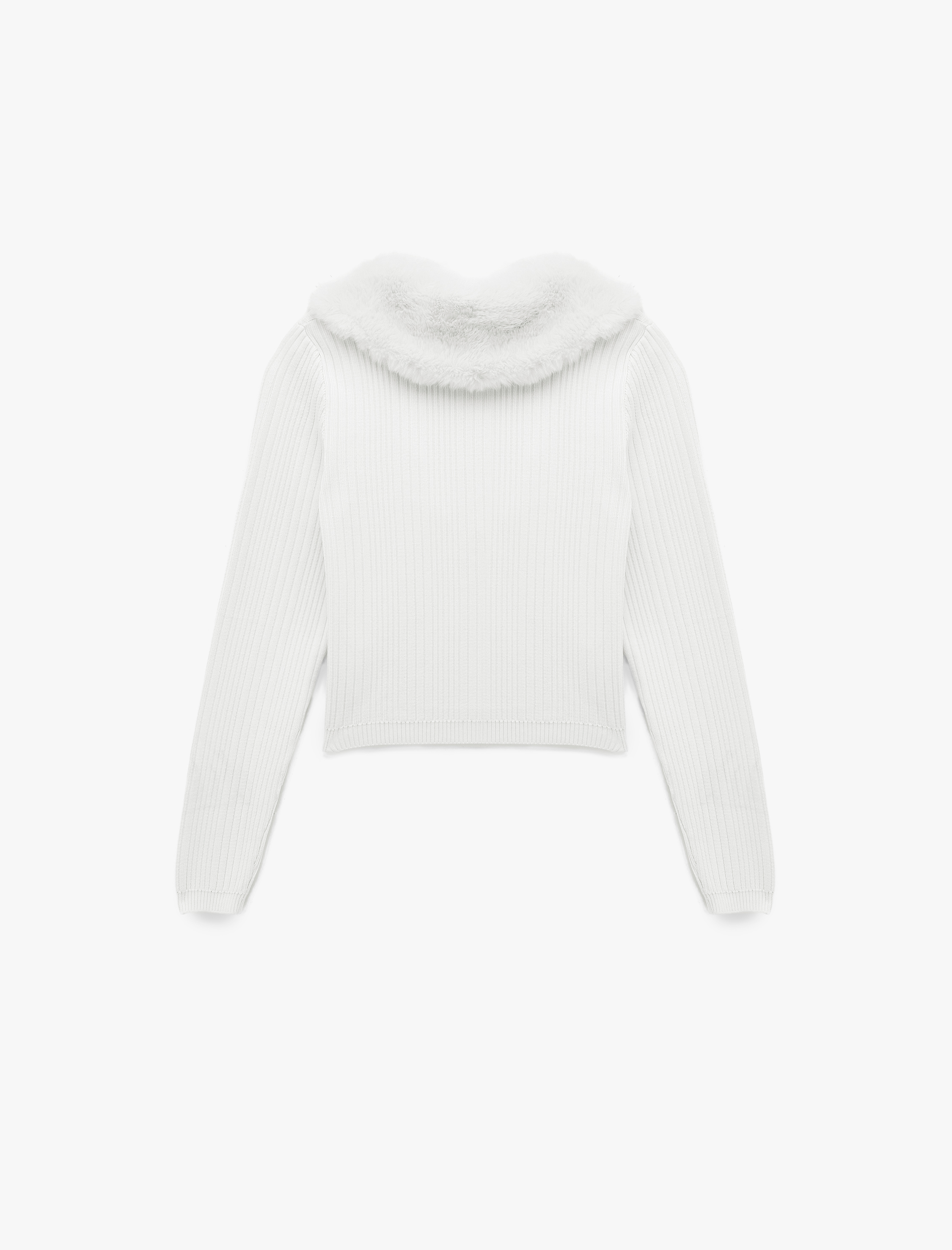   Suni Kürklü Yaka Fiyonklu Bağlama Detaylı Slim Fit Crop Triko Hırka