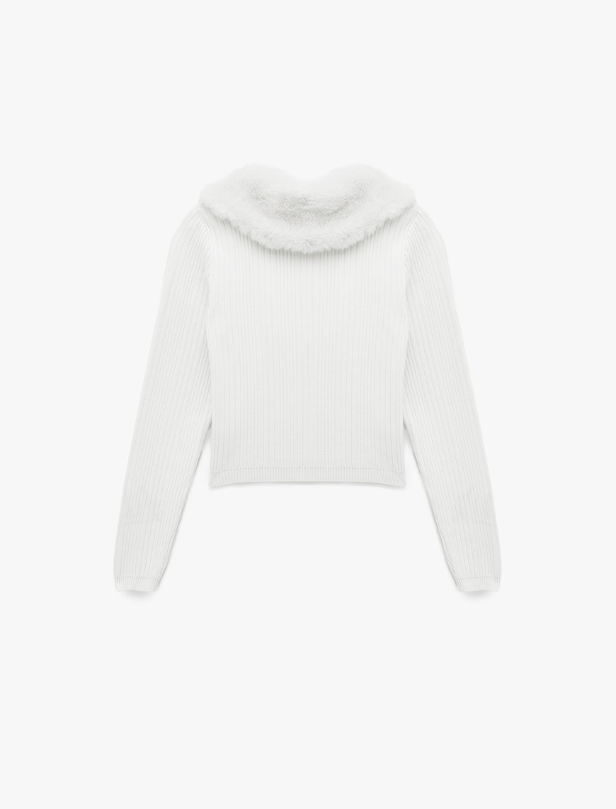   Suni Kürklü Yaka Fiyonklu Bağlama Detaylı Slim Fit Crop Triko Hırka