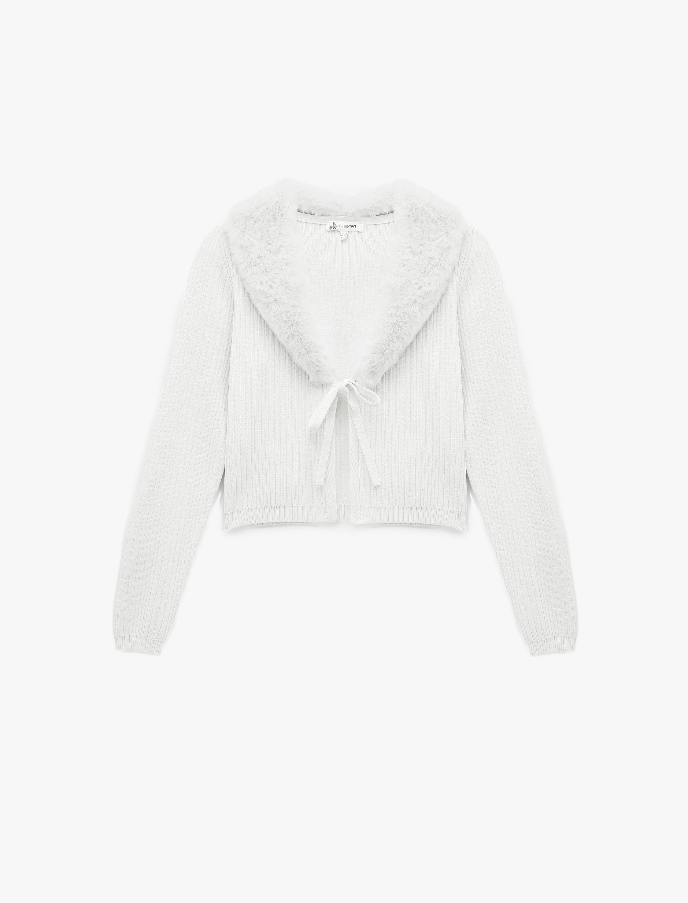   Suni Kürklü Yaka Fiyonklu Bağlama Detaylı Slim Fit Crop Triko Hırka