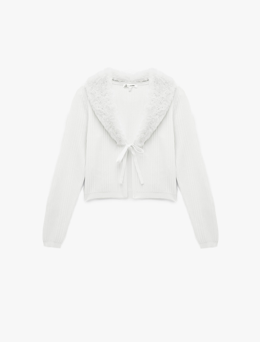   Suni Kürklü Yaka Fiyonklu Bağlama Detaylı Slim Fit Crop Triko Hırka